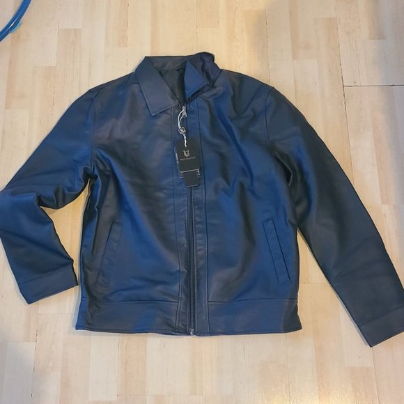 Men's XL Faux Leather Collared Navy Jacket With Pockets - Picture 1 of 6